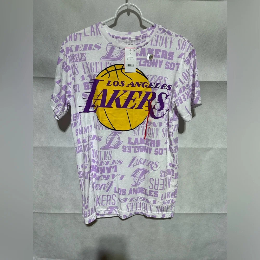 NBA Los Angeles Lakers Shirt Mens XS Purple White LA Allover Print Spell Out NEW